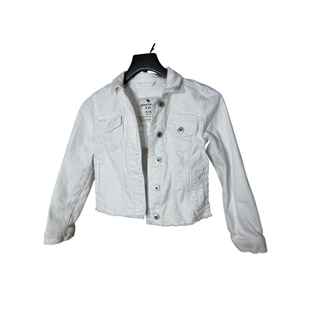 Abercrombie Kids White Denim Jacket Girls Size 9/10 Raw Hem Trucker Coat Stretch